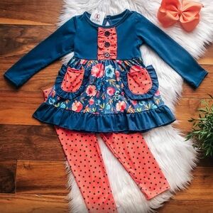 NWT Wellie Kate Super Soft Blue Orange Floral Pant Set - Size 10-12T